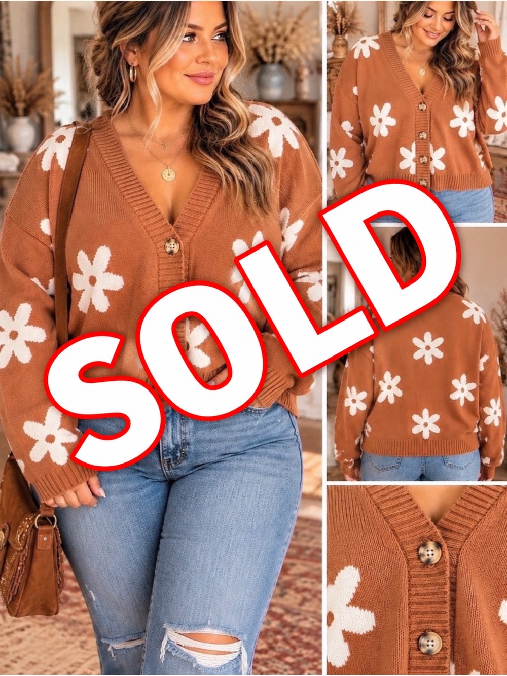 -SOLD-Pink Lily Fresh As A Daisy Cardigan Floral Cardigan Brown & White